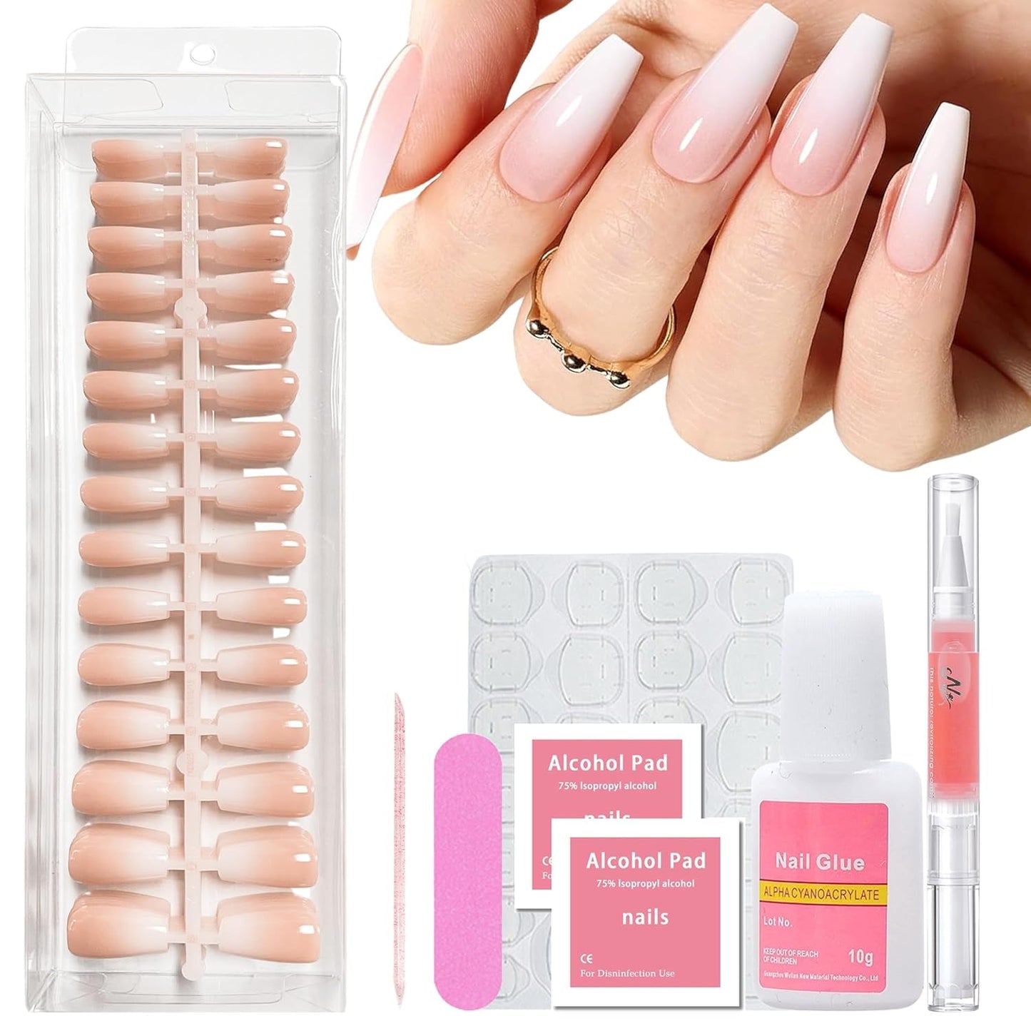 240-teiliges Farbverlaufs-Quadrat-Nägel-Set, nackte weiße Farbverlaufs-Kunstnägel für Ölstiftkleber, mittlere Ombre-natürliche künstliche Nägel für Frauen DIY (nackter quadratischer Nagel)