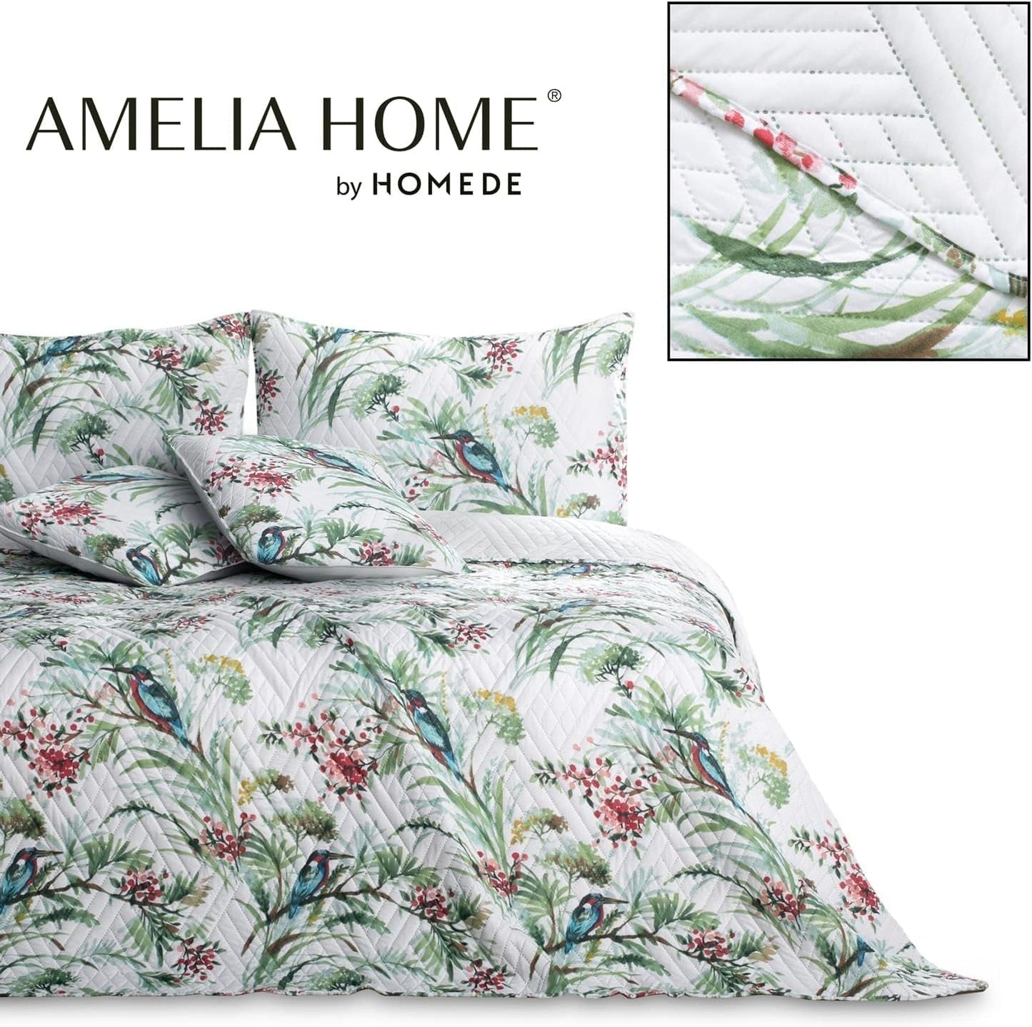 Ameliahome Tagesdecke Tagesdecke 260 x 280 cm, doppelseitig, pflegeleicht, Steppung, Pflanzenmuster, Vogelmuster, mehrfarbig, Eisvogel, Betten und Decken. Besuchen Sie den AmeliaHome-Store