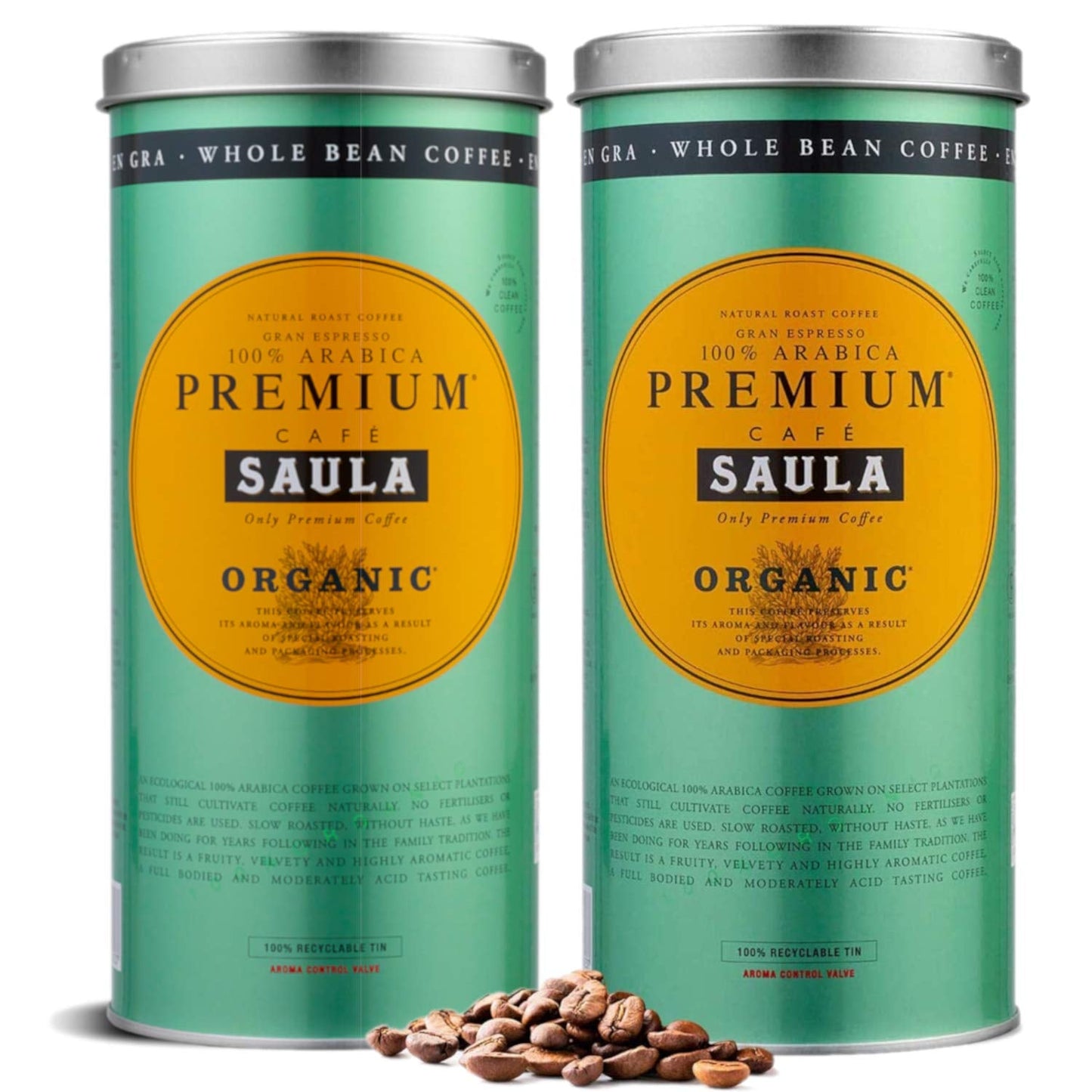 Saula Premium-Kaffeebohnen, Packung mit 2 Kartons x 500 g. 100 % Bio-Arabica