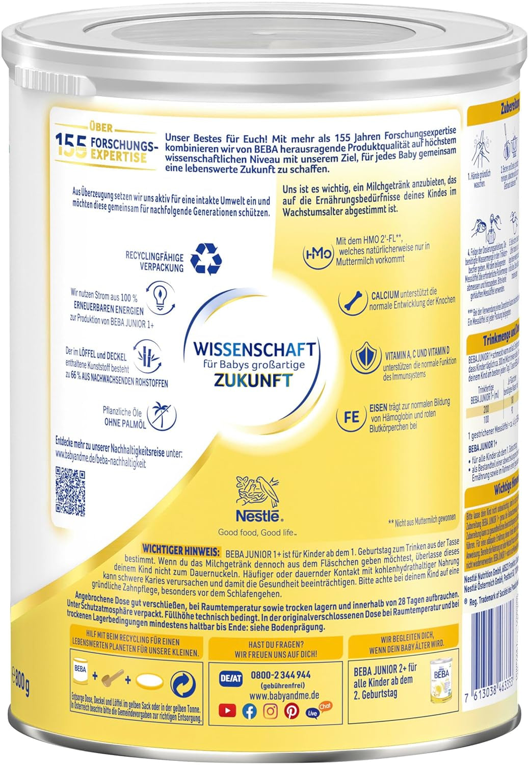 BEBA Junior 1+ Milchgetränk ab 1 Jahr, Mit HMO, Altersgerechter Proteingehalt, Nur Laktose, Ohne Palmöl, Ohne Fischöl, Kleinkindnahrung, Babymilchpulver, 6er Pack (6 x 800g)