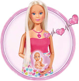 Simba 105733480 – Steffi Love Babyrucksack, schwangere Puppe mit Baby und tollen Geräuschen, Babyzubehör und Babytrage, rosa Naty Shop Dolls