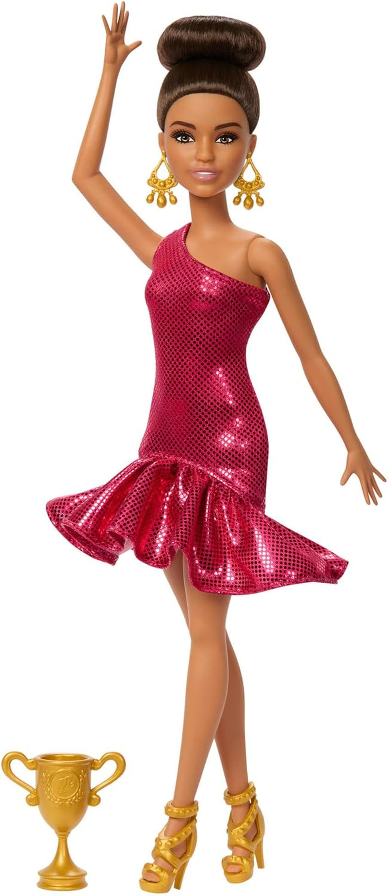 Barbie-Turniertänzerin-Puppe in rotem Rüschenkleid, Tanzschuhen, braunem Haar und Tanztrophäen-Zubehör, JFR09