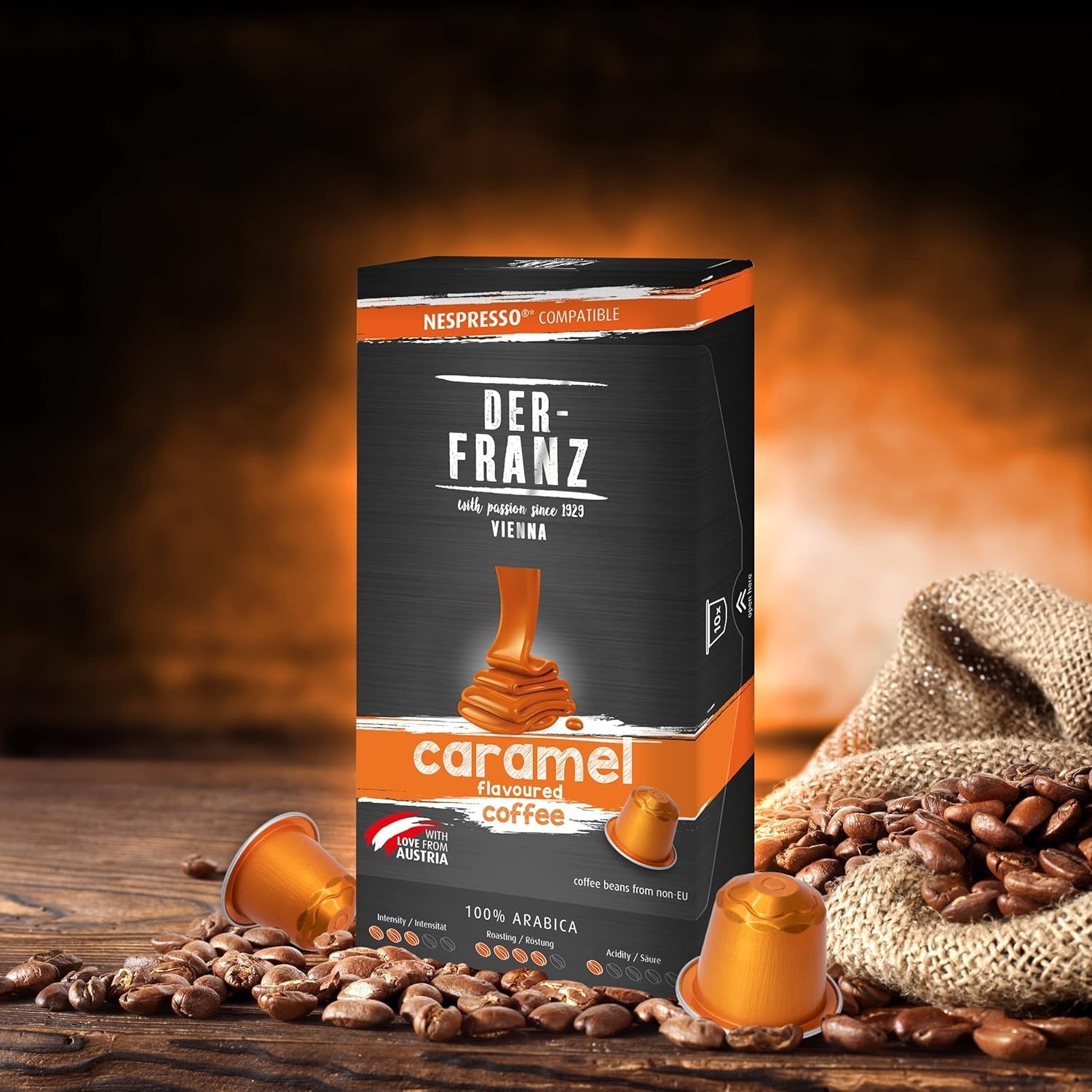 Der-Franz Nespresso-kompatible Kaffeekapseln, 6 x 10 Kapseln, Karamellaroma, mittlere Röstung