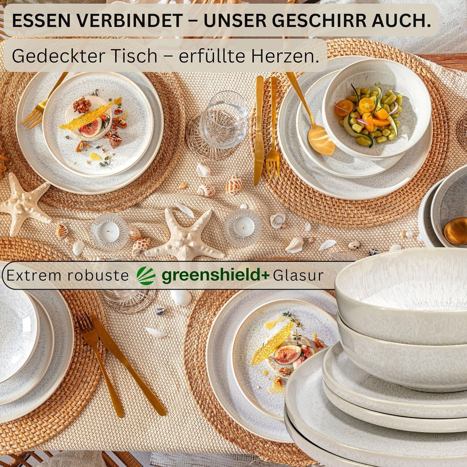 SANGER | 24-teiliges Korfu-Geschirrset Tafelservice für 8 Personen Handgefertigtes Keramik-Geschirrset inklusive Speisetellern, Desserttellern und Suma-Tellern. Cremefarbenes Geschirr mit sandiger Textur