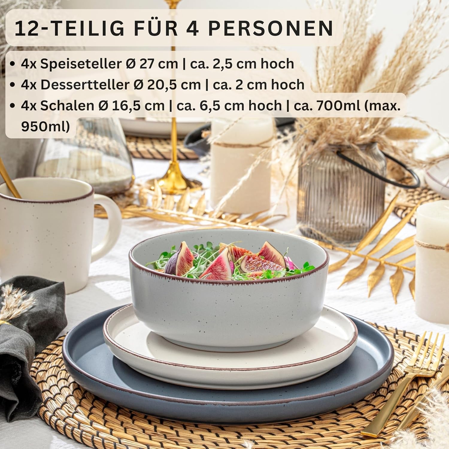 SÄNGER Bombay Moonlight | 12-teiliges Keramik-Geschirrset für 4 Personen, 4 Speiseteller, 4 Dessertteller, 4 Schüsseln, verschiedene Farben | DIE VALUE-KOLLEKTION