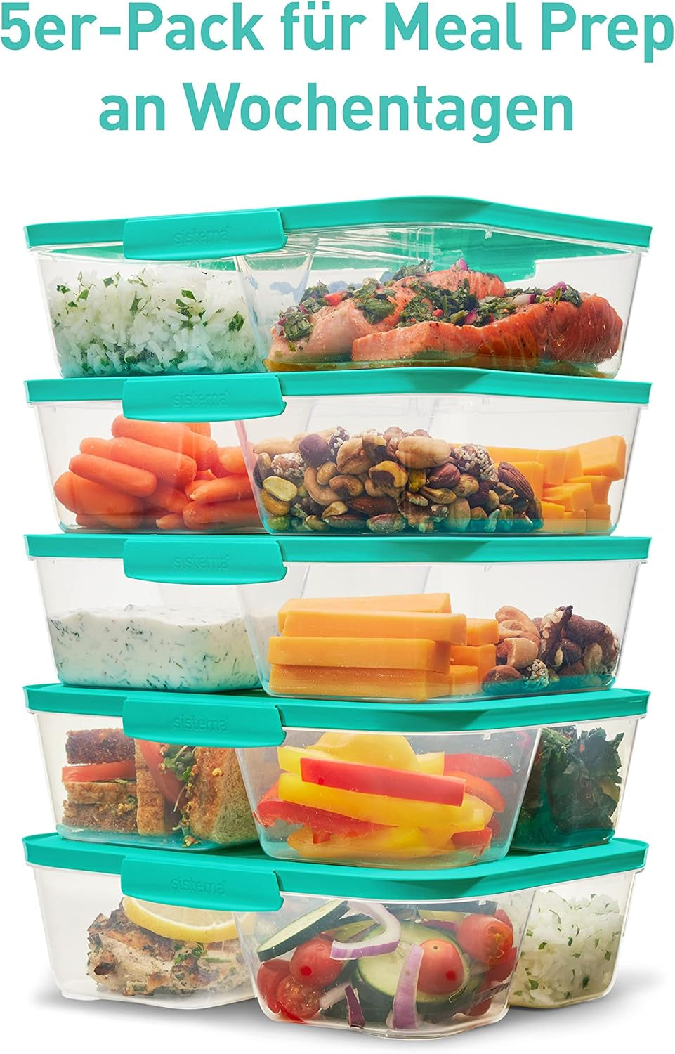 Nest IT-System-Vorratsbehälter für Lebensmittel, Meal-Prep-Boxen | 1,9 Liter luftdichte Aufbewahrungsbehälter mit DREI Fächern und Deckeln | BPA-frei | Grün | 5 Stück Naty Shop Lebensmittel-Aufbewahrungsboxen