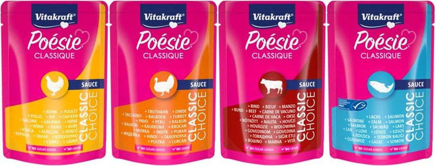 Vitakraft Poésie Classique, Nassfutter für Katzen, Katzenfutter in Soße, mit Huhn, mit Truthahn, mit Rindfleisch, mit Lachs, ohne Zuckerzusatz und Getreide (1 Packung à 12 x 85g)
