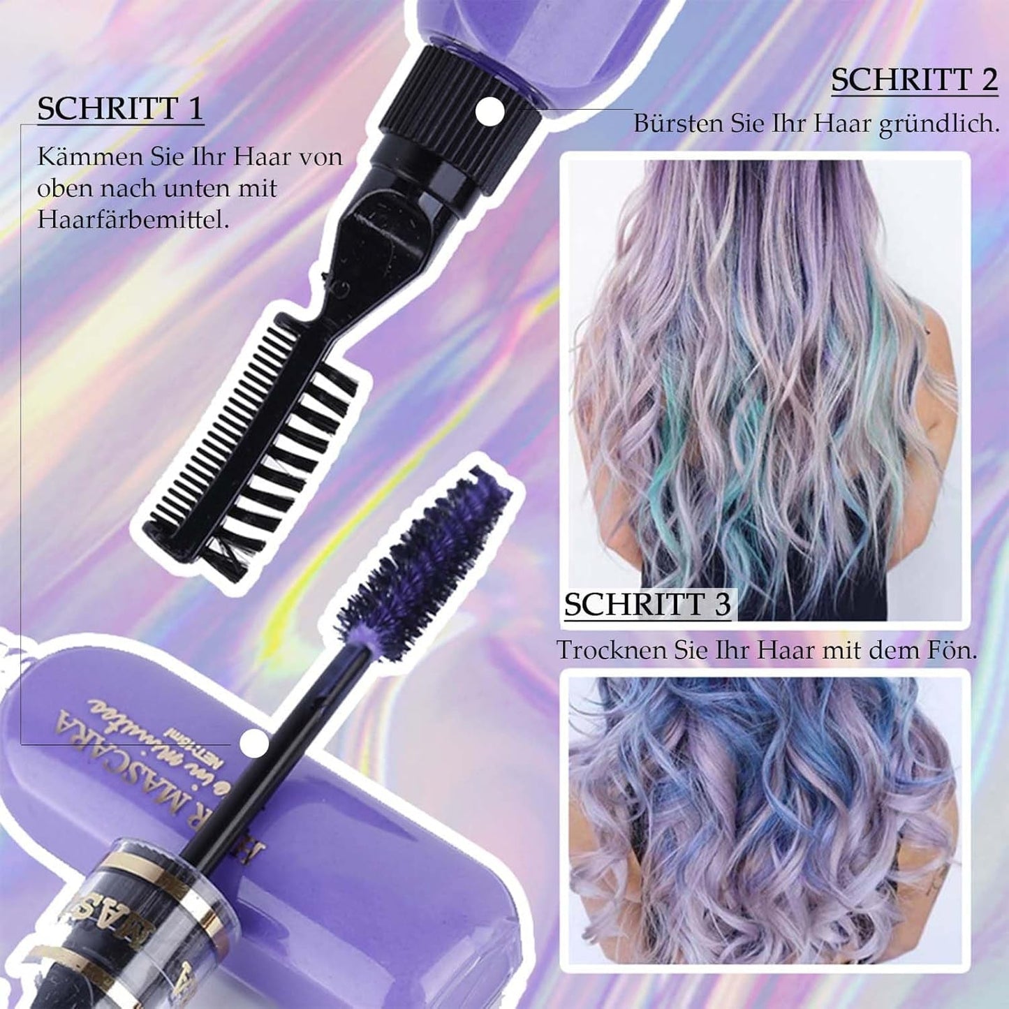 Sofortige Haarfarbe, 6 Farben, temporäre Haar-Mascara für Mädchen und Frauen, waschbare Haarkreide, Regenbogen-Haar-Mascara, Haarfarbe für Karneval, Halloween, Cosplay, Party, Geburtstag (A), Naty Shop Haarfarbe