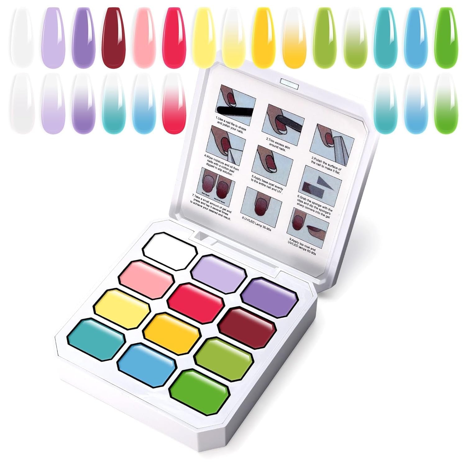Farbverlaufs-Malgel, 12 Farben, Ombre-Gel-Nagellack mit 100 Nagelschwämmen und 4 Krallen, Metallgreifer für French-Maniküre, DIY-Nagelkunst, Set I