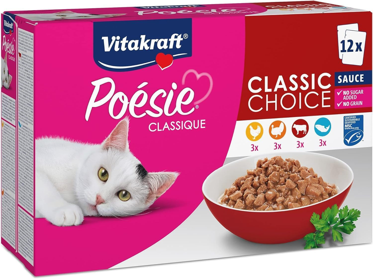 Vitakraft Poésie Classique, Nassfutter für Katzen, Katzenfutter in Soße, mit Huhn, mit Truthahn, mit Rindfleisch, mit Lachs, ohne Zuckerzusatz und Getreide (1 Packung à 12 x 85g)
