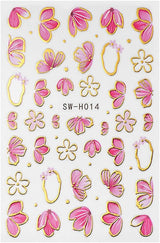 Gold Linie Schieber Rosa Nagelsticker Blumen 3D Flower Nail Sticker Sakura Blütenblätter Blumen Nagelaufkleber Frühling Sommer Floral Nagel Sticker Flowers Nagel Sticker Nageldesign Zubehör Nail Art