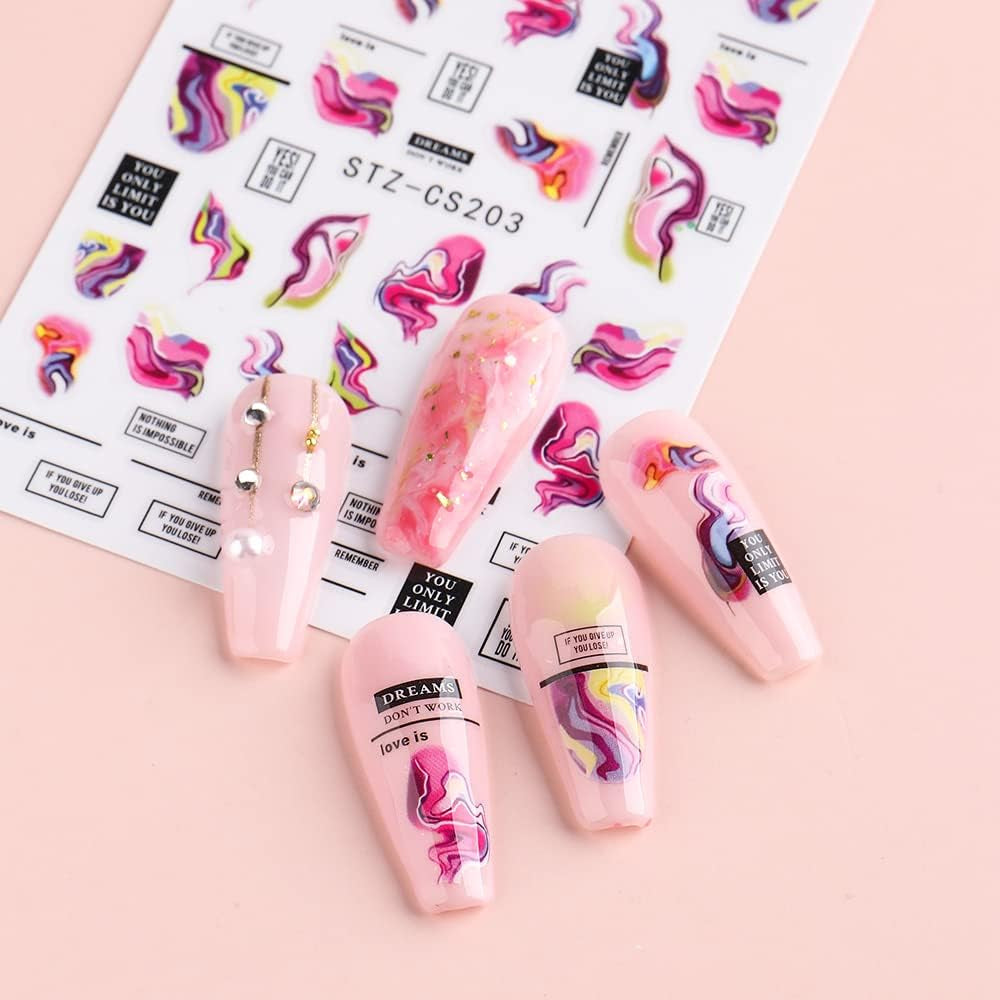 6 Blatt 3D Lila Schmetterling Nagelstickers Selbstklebend Nagelaufkleber Schmetterlinge Nail Sticker Bunte Blühen Marmor Nagel Aufkleber Regenbogen Welle Linien Nail Art Aufkleber Nageldesign Zubehör
