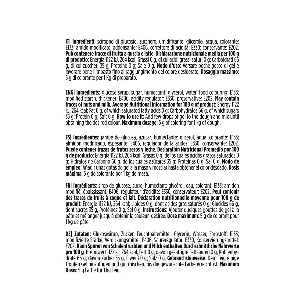 9600818 Gel-Lebensmittelfarbe, Gel-Lebensmittelfarbe, ideal für Beschichtungen und Dekorationen, Erzeugt intensive und leuchtende Farben, Hergestellt in Italien, 28 Gramm, blaue Farbe.