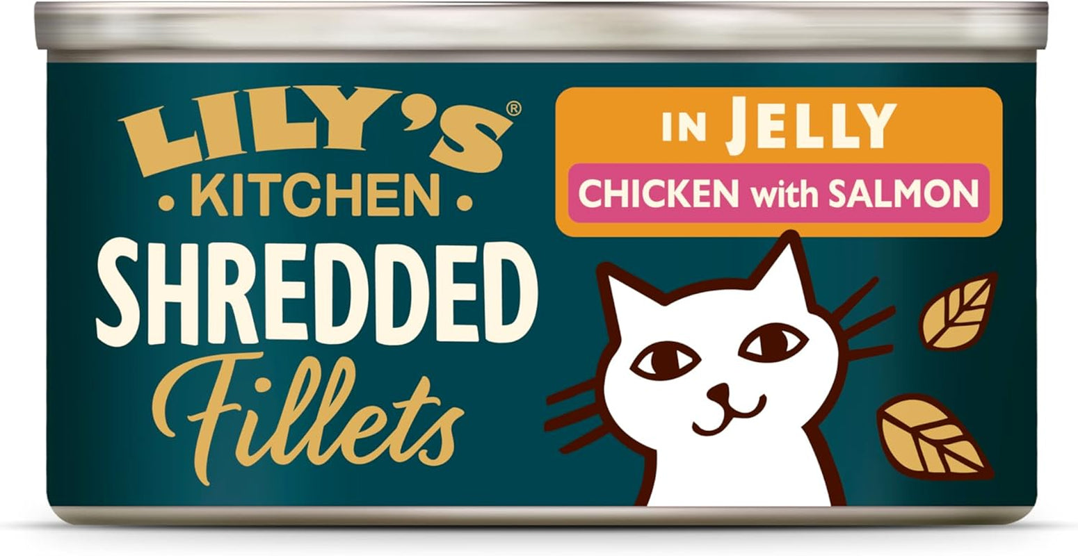 Lily's Kitchen Aus Naturichen Ingredient hermestellung Zerkleinerte Filets in Gelee mit Hühnchen und Lachs Ausgewachsenes Nassfutter für Katzen 70 g Dose