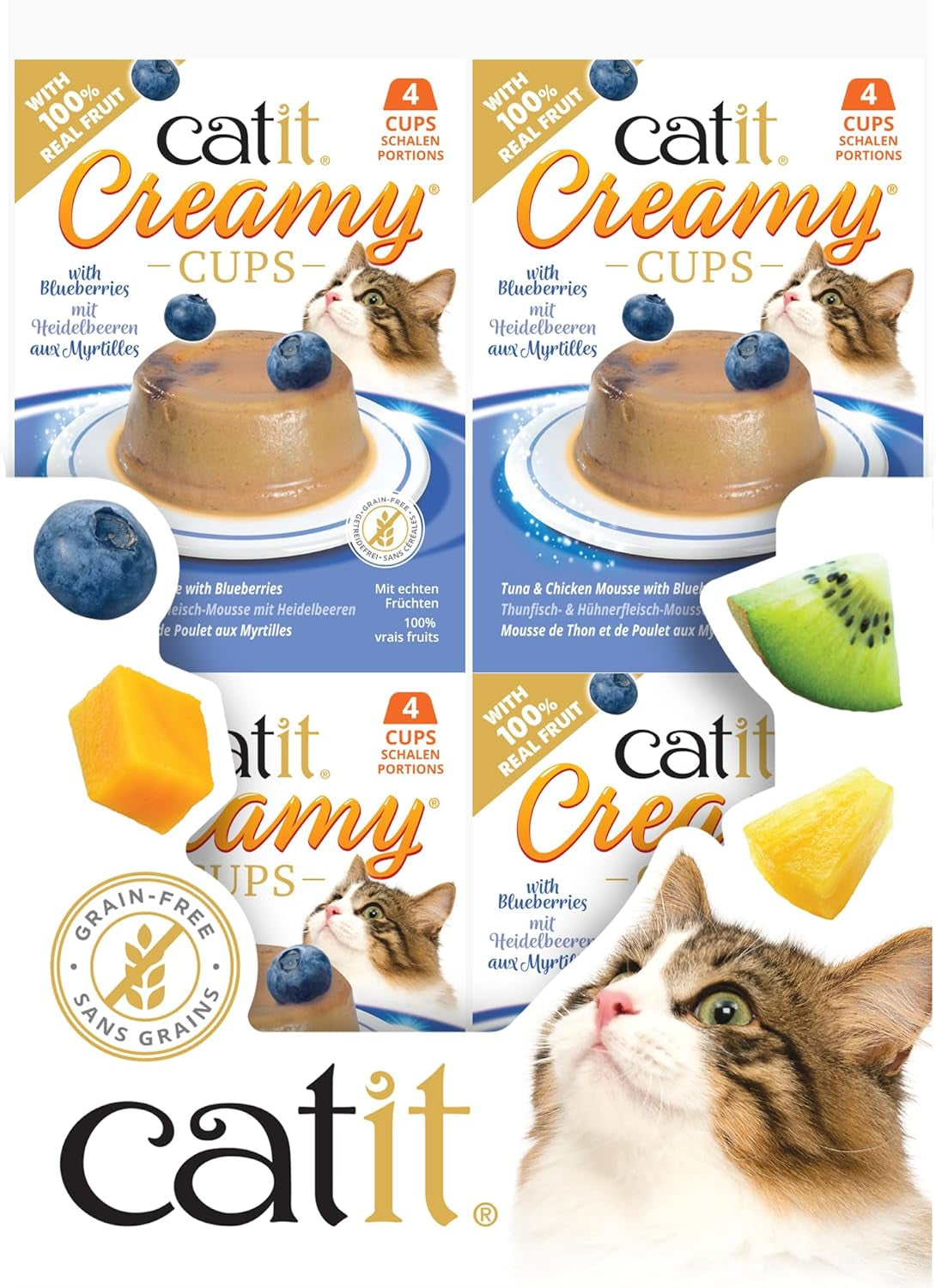 Catit Creamy Cups, Thunfisch und Huhn mit Blaubeeren, 4x25g