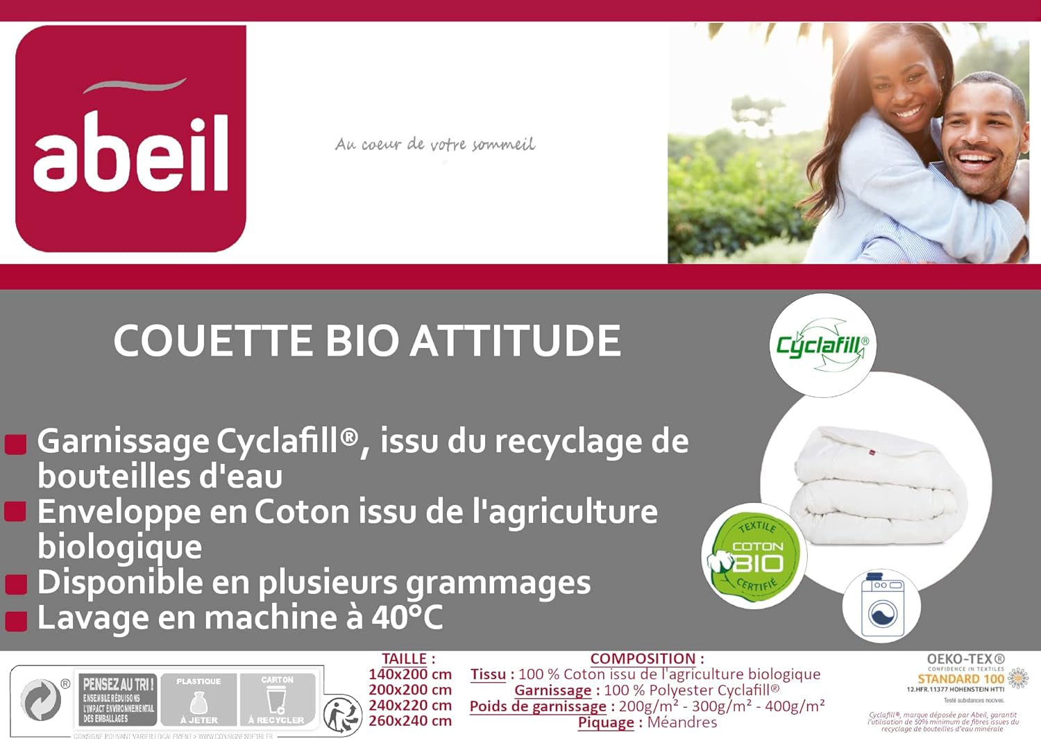 Abeil Bio' Attitude Steppdecke, leicht, Bezug aus Bio-Baumwolle, Füllung: Polyester Cyclafill® 200 g/m², maschinenwaschbar, Öko-Tex-zertifiziert, 220 x 240 cm. Steppdecken und Steppdecken Naty Shop