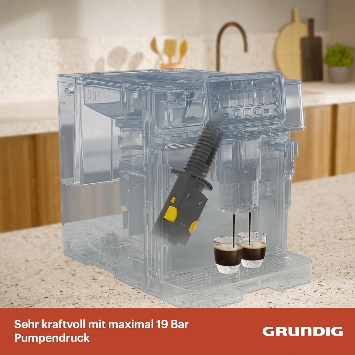 GRUNDIG KVA 6230 Espressovollautomat mit Milchaufschäumer, Edelstahlmahlwerk mit 13 Mahlstufen, Bohnenbehälter 250 g, abnehmbarer Wassertank 2 Liter, Pumpendruck 19 bar, Touch-Display, schwarz