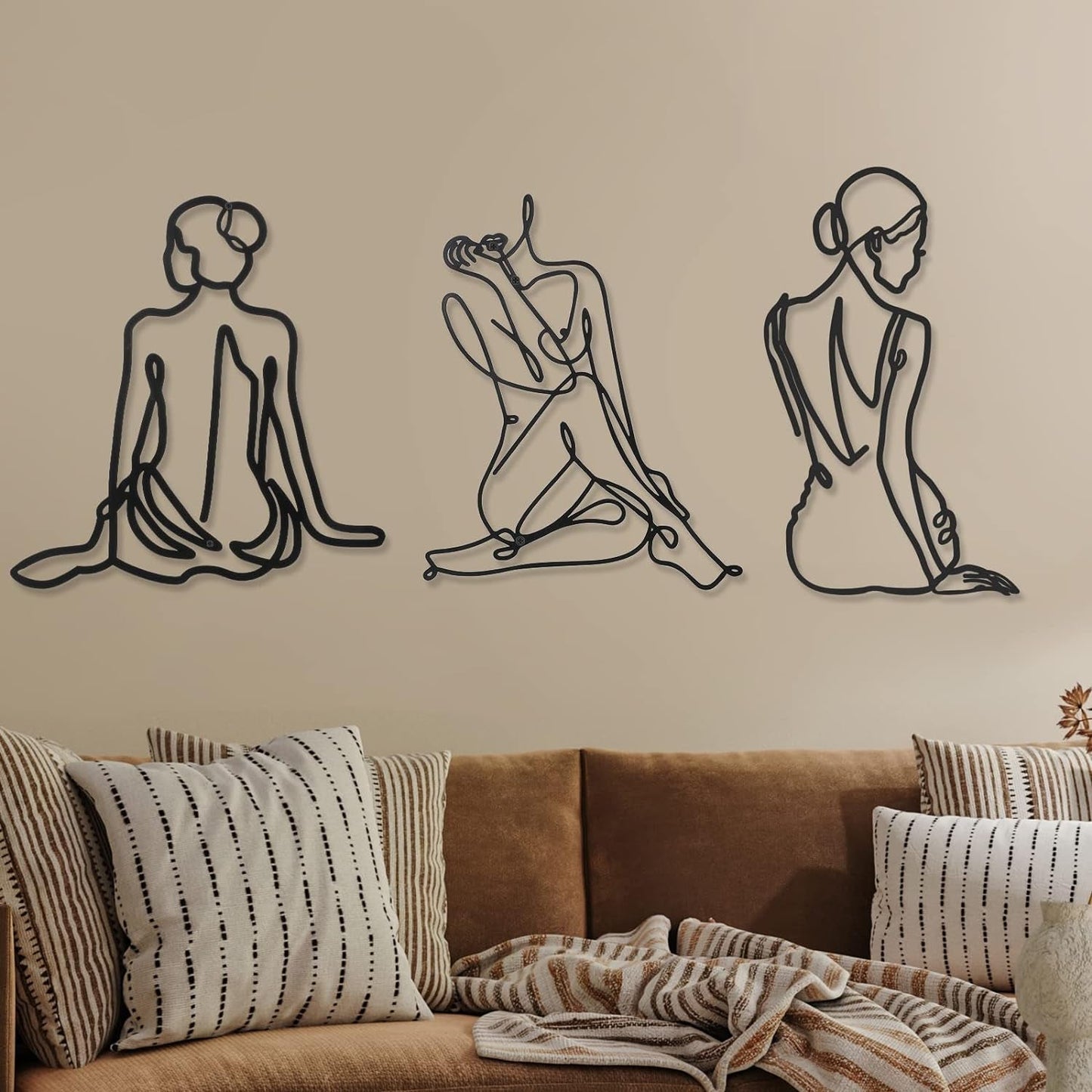 3 Stück Metall minimalistische Frau Wandkunst Art Deco moderne Metall abstrakte Frau Wandkunst weibliche Einzellinienzeichnungen zum Aufhängen für Wohnzimmer (schwarz, modern) Statuetten und Skulpturen Naty Shop Black Vintage