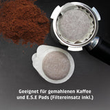 Caso Espresso Gourmet – Siebträger-Espressomaschine aus Edelstahl, leistungsstarke 19-bar-Ulka-Pumpe, mit Milchaufschäumer, für gemahlenen Kaffee oder ESE-Kaffeekapseln, für 2 Tassen, mit Tassenwärmer