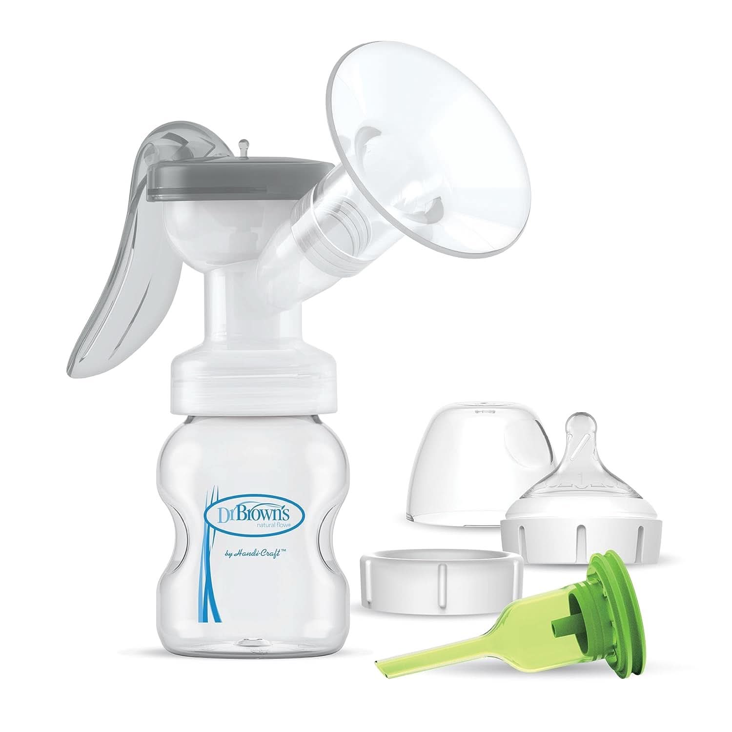 Manuelle Milchpumpe mit Softshape-Schutz aus 100 % Silikon (B, 25-mm-Flansch) und Anti-Kolik-Optionen + 150-ml-Weithalsflasche mit langsam fließendem Sauger der Stufe 1 Zubehör Essen und Stillen Bebe Naty Shop