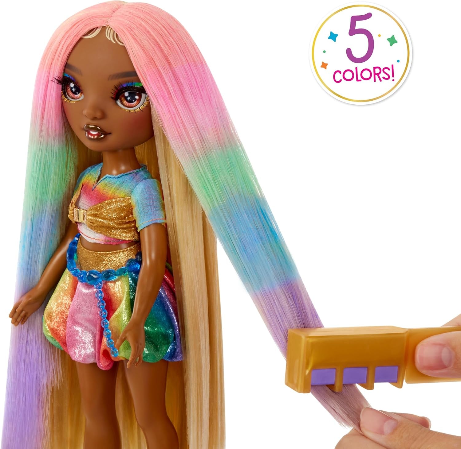 Rainbow High Haarkreide- und Styling-Puppe – Meline – 28 cm große waschbare Haarkreidepuppe in Regenbogen- und Goldtönen, zum Färben, Stylen, Spielen, Ausspülen und Wiederholen, für Kinder im Alter von 4–12 Jahren