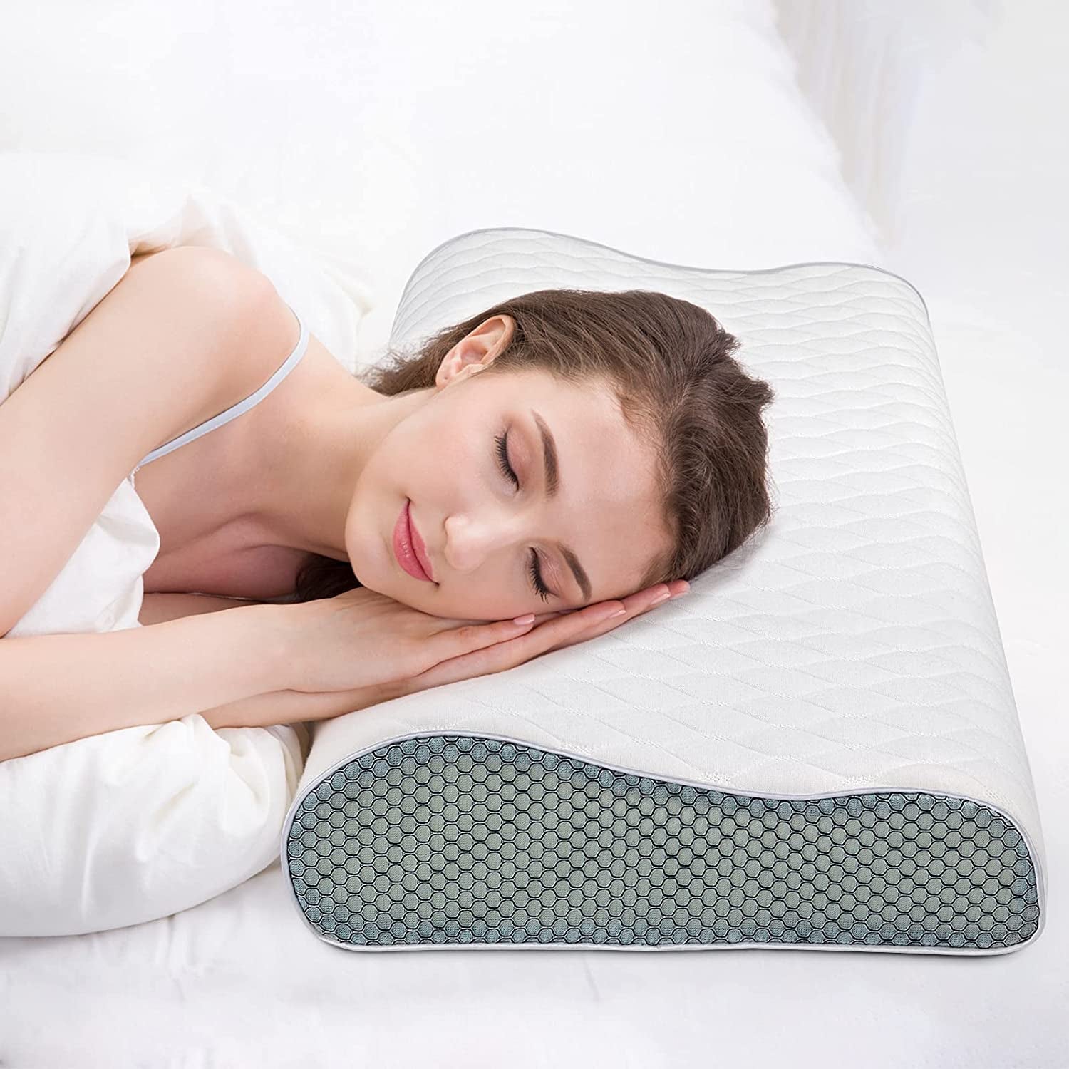 Fityou Memory-Schaum-Kissen, Nackenstützkissen, ergonomisches Schlafkissen, Kühlkissen, doppelseitiges Design, waschbarer Kissenbezug (67,5 x 40 x 13 cm). Orthopädische Halskissen, Naty Shop, weiß + 3D-Netz, 60 x 35 x 9/11 cm