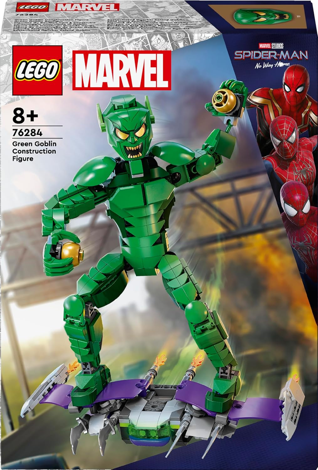 LEGO Marvel Green Goblin Baufigur, Superschurke, bewegliches Bauspielzeug für Kinder ab 8 Jahren, Jungen und Mädchen, Spider-Man-Universum-Set mit Schiebereglern und Kürbisbomben, Superhelden-Geschenkidee 76284 Bausets Besuchen Sie den LEGO-Store