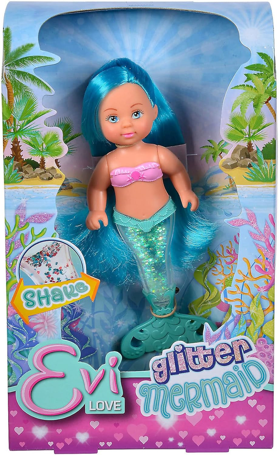 Simba 105733482 – Evi Love Glitter Mermaid, Meerjungfrauenpuppe mit einer Schwanzflosse, die beim Schütteln leuchtet. Es wird nur EIN Artikel bereitgestellt.