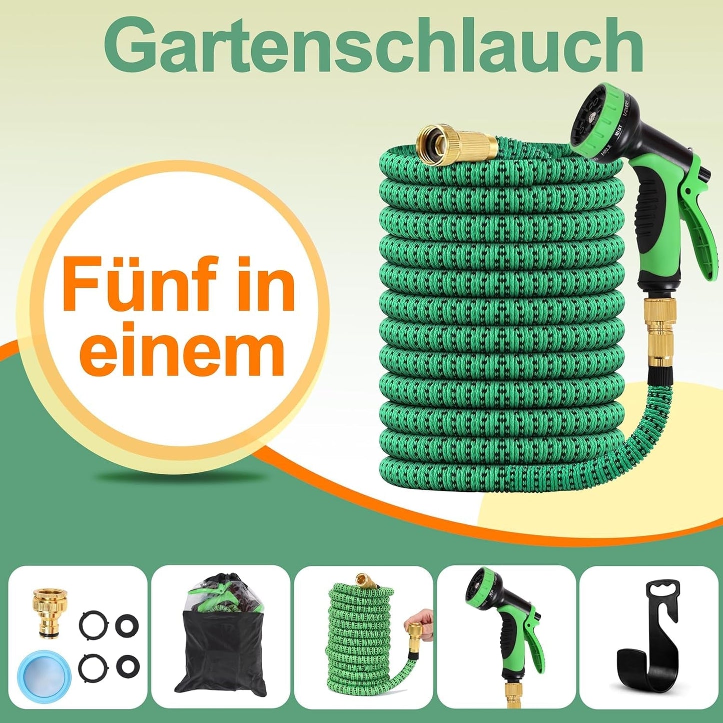 45 m ausziehbarer Gartenschlauch, automatisch einziehbarer flexibler Wasserschlauch, 10 Sprühmuster, TPE 2500D, Metallanschlüsse, für extra große Gärten, Landwirtschaft, Reinigung
