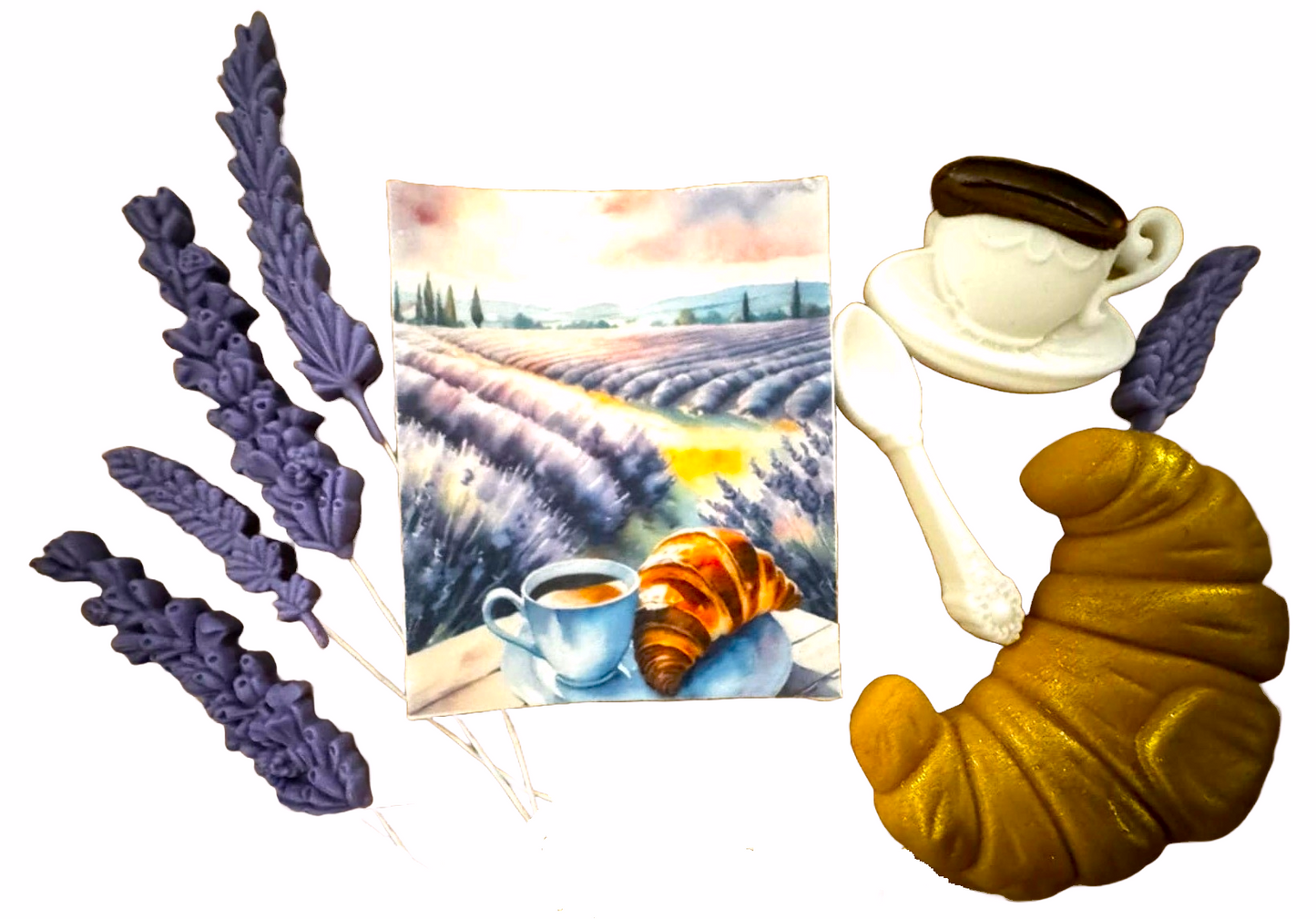 Set mit 9 essbaren Dekorationen aus Zuckerpaste, Lavendel-Dekorationen aus Zuckerpaste Nati Shop
