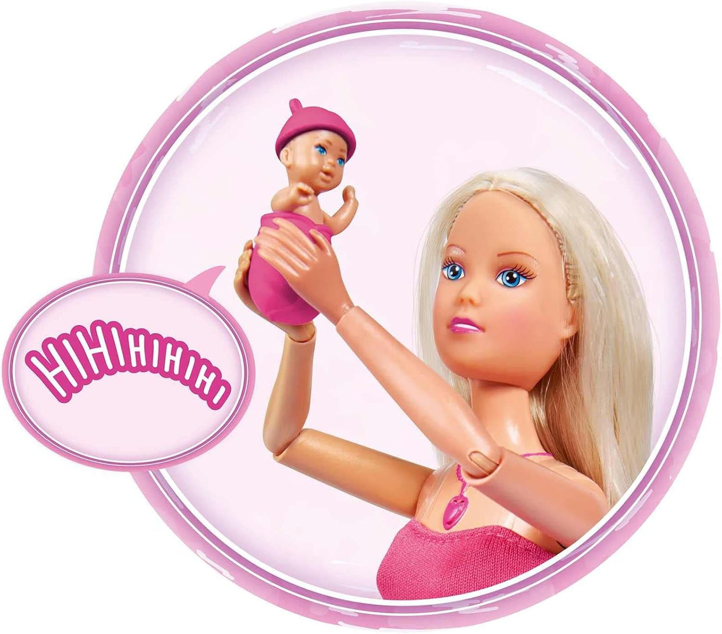 Simba 105733480 – Steffi Love Babyrucksack, schwangere Puppe mit Baby und tollen Geräuschen, Babyzubehör und Babytrage, rosa Naty Shop Dolls