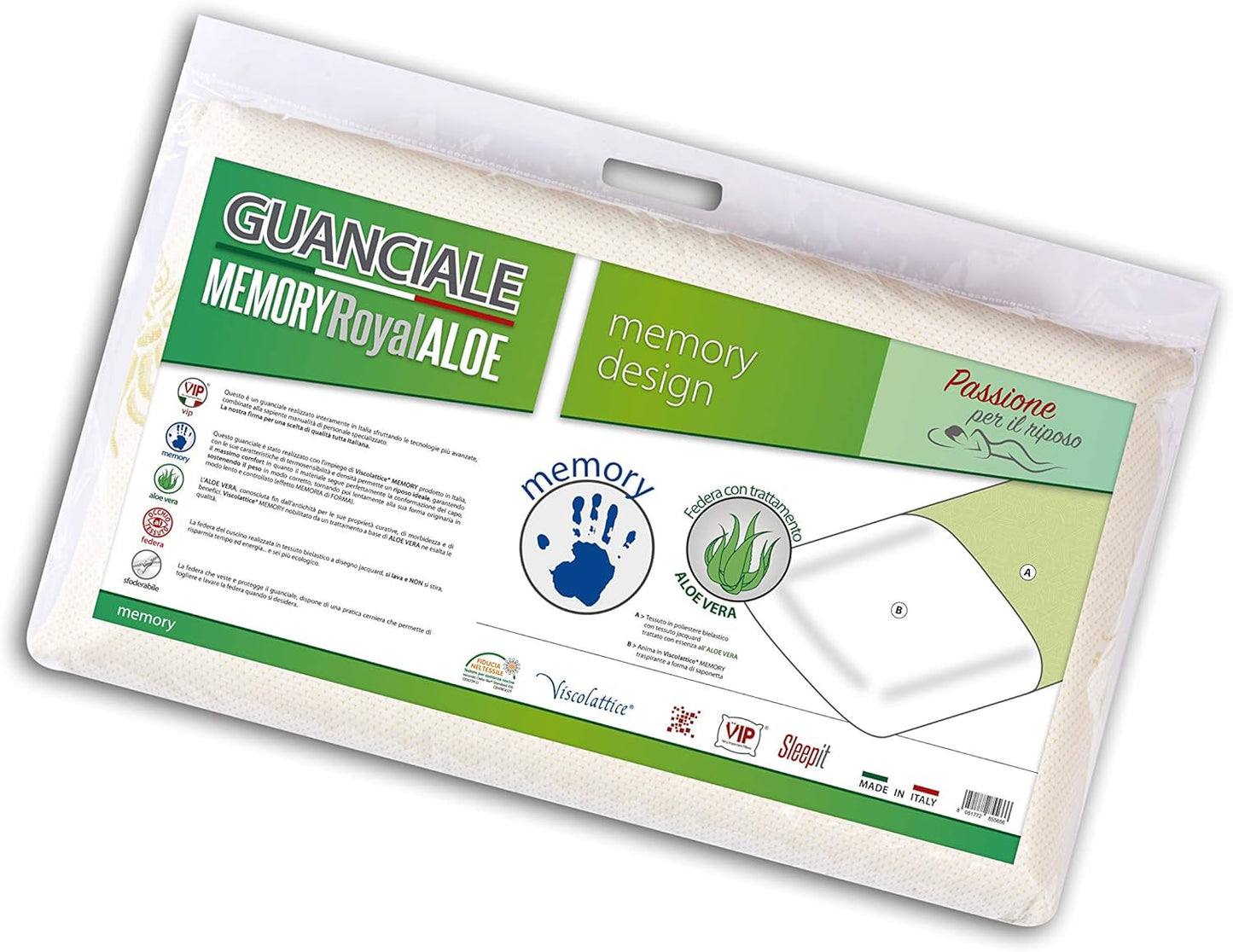 V.I.P. Extra großes Kissen aus 100 % viskoelastischem Memory-Schaum mit abnehmbarem Bezug, 42 x 68 cm, Höhe 9, hergestellt in Italien, Naty Shop Standard-Kissen, Standardtitel