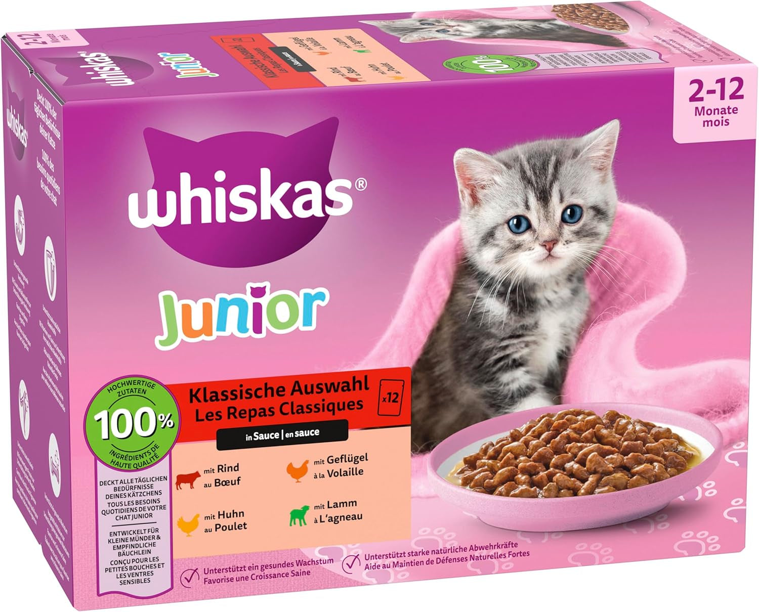 Whiskas Junior Classic Selection Nassfutter für Katzen in Soße, 48 Beutel, 12 x 85 g (4er-Packung) – Hochwertiges Nassfutter für heranwachsende Katzen, 2 bis 12 Monate