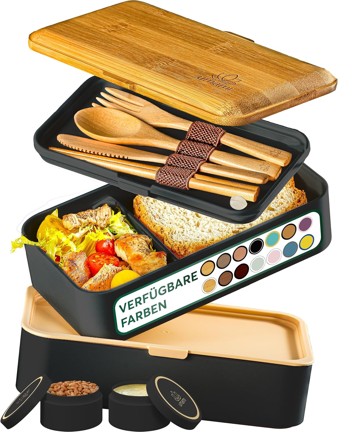 Umami-Lunchbox für Erwachsene, stapelbare Bento-Box mit 4 Besteck und Fächern, Lunchbox für Erwachsene, To-go-Salatbehälter, Picknick-/Büro-Lunchbox, Anthrazitgrau, 1500 ml. Naty Shop Lebensmittelaufbewahrungsboxen Black Tan L – 1200 ml