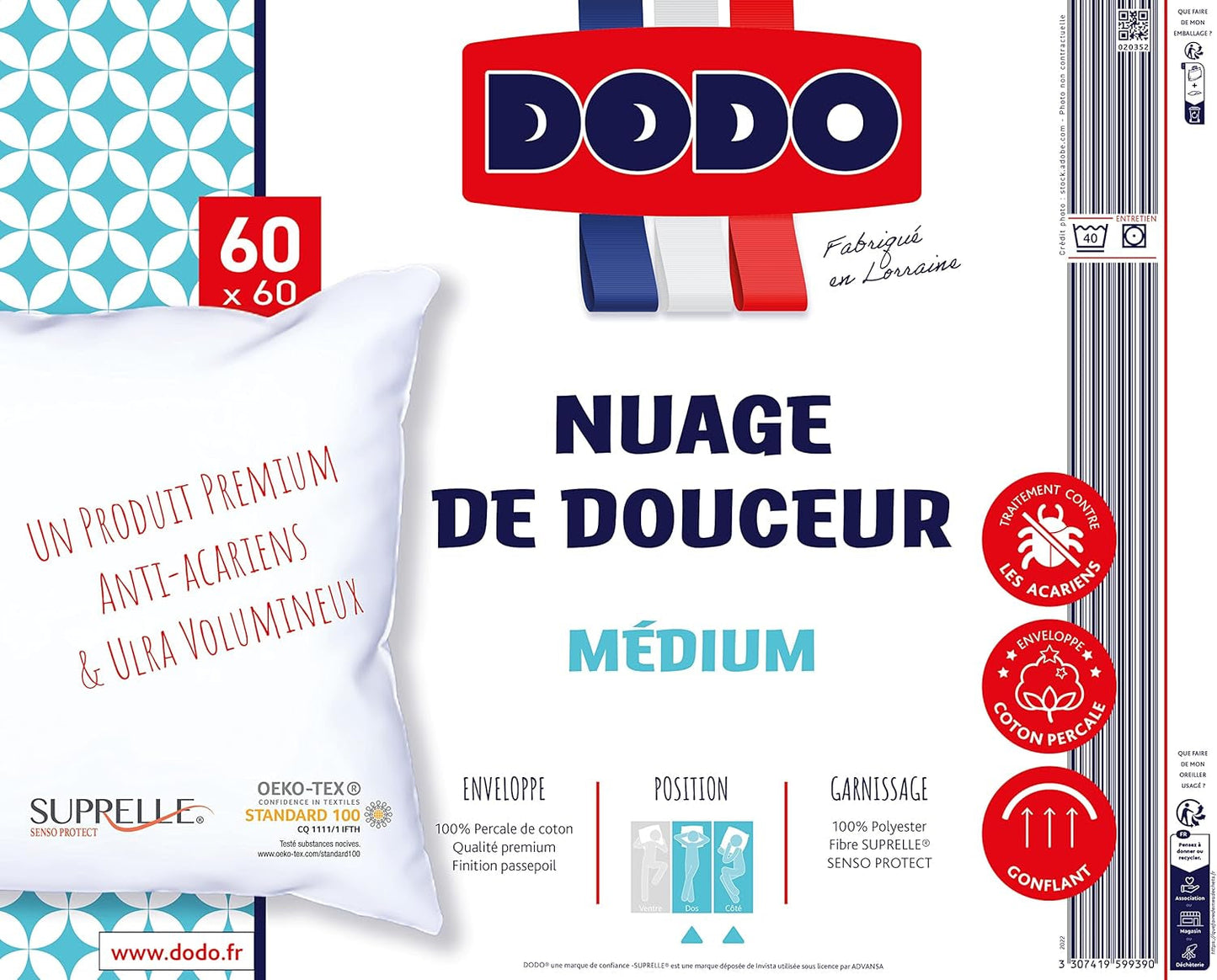 DODO Premium Kissen, 60 x 60 cm, mittlerer Komfort, Cloud De Douceur Kissen | Milbendicht und flauschig | Perkal-Baumwolle + Paspelierung. Maschinenwaschbar bei 40 °C. Standard-Kissen von Naty Shop