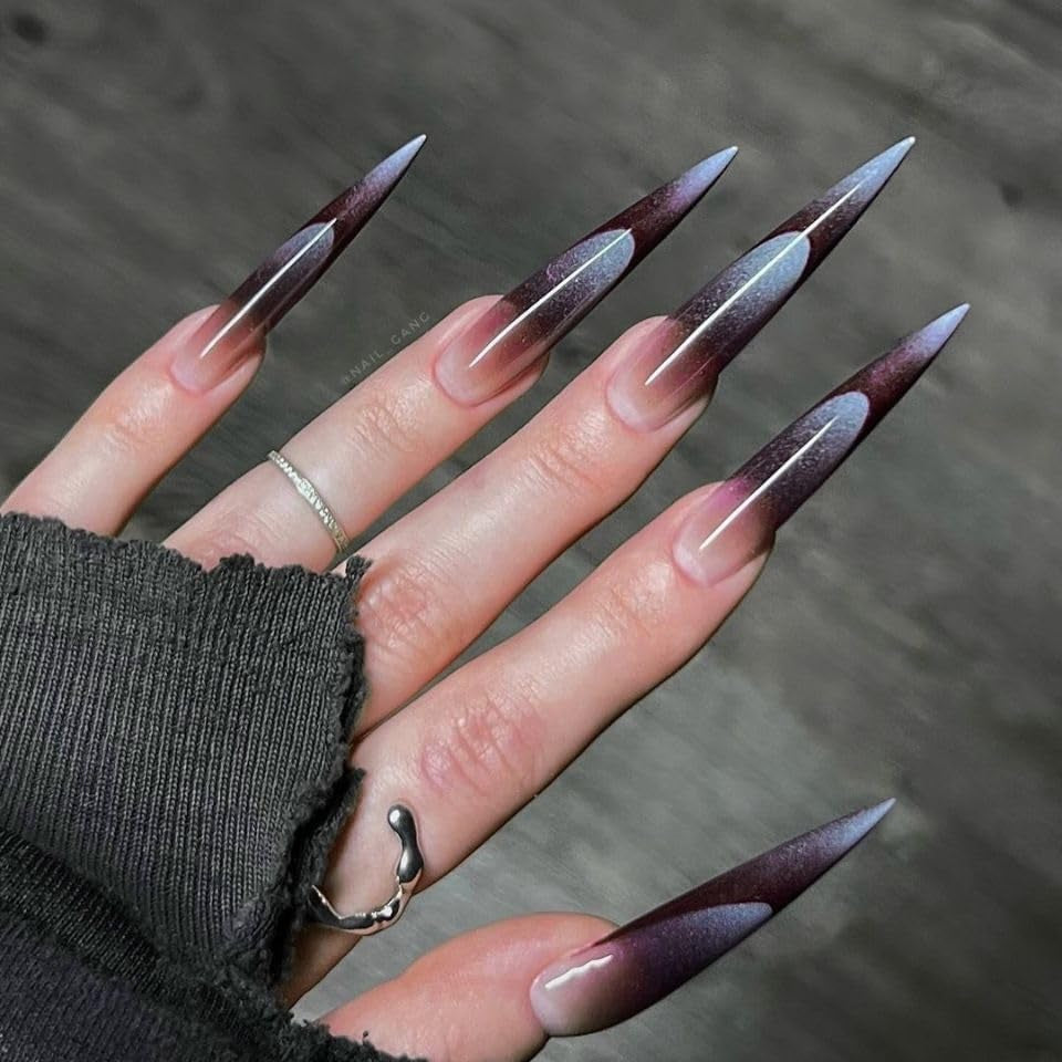 Moonglow Lange Nägel Stiletto Milchweiß Rosa Farbverlauf Glitzer Coole künstliche Nägel mit Kleber Rosa Ombre Glitzer Künstliche Nägel