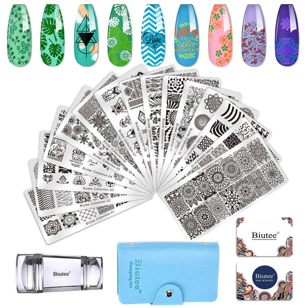 Biutee Nagelstempel-Set, 30-teilig, Nagelschablone, Nagelstempeln, Tiere, Blumen, Bilder, Nagelstempelplatte mit 2 Stempeln, 2 Schabern, Nageldesign-Zubehör, französischer Nagelstempel