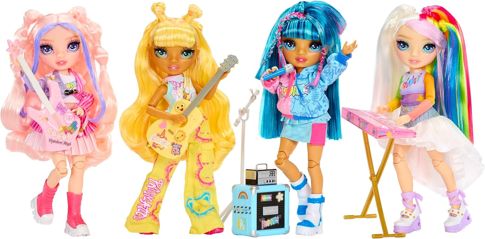 Rainbow High Junior High Rockband – Amaya, Regenbogenfarben – 23 cm große Modepuppe mit Tastatur, anpassbar mit Aufklebern, beweglich, süßes Spielzeug für Kinder ab 4 Jahren