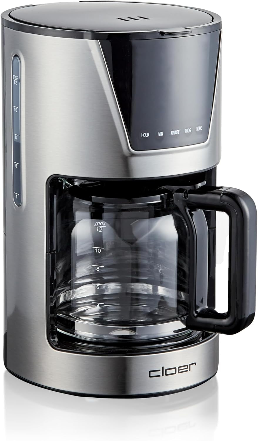 Cloer Filter-Espressomaschine für 6 Tassen, schonende Warmhaltefunktion, Glaskaraffe, Messlöffel, Wasserstandsanzeige, Anti-Tropf-System, automatische Abschaltung, Filtergröße 1x2, 550 W, Edelstahl