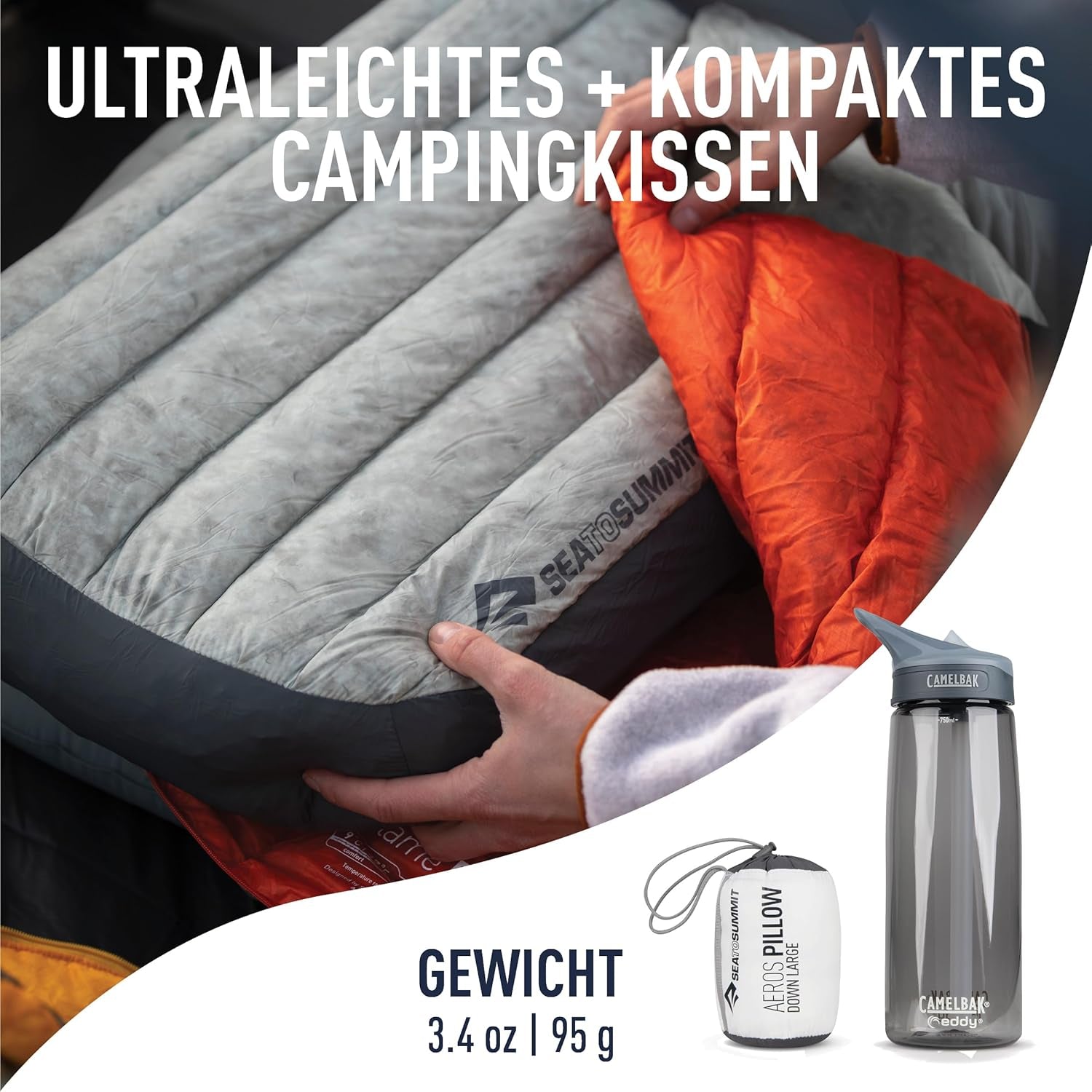 Sea to Summit – Eros Daunen-Reisekissen L – Ultraleicht und aufblasbar – 10D-Material – Premium-Daunenkissen – rutschfest – zum Wandern und Camping – 42 x 28 x 12 cm – Grau – 95 g Naty Shop Reisekissen