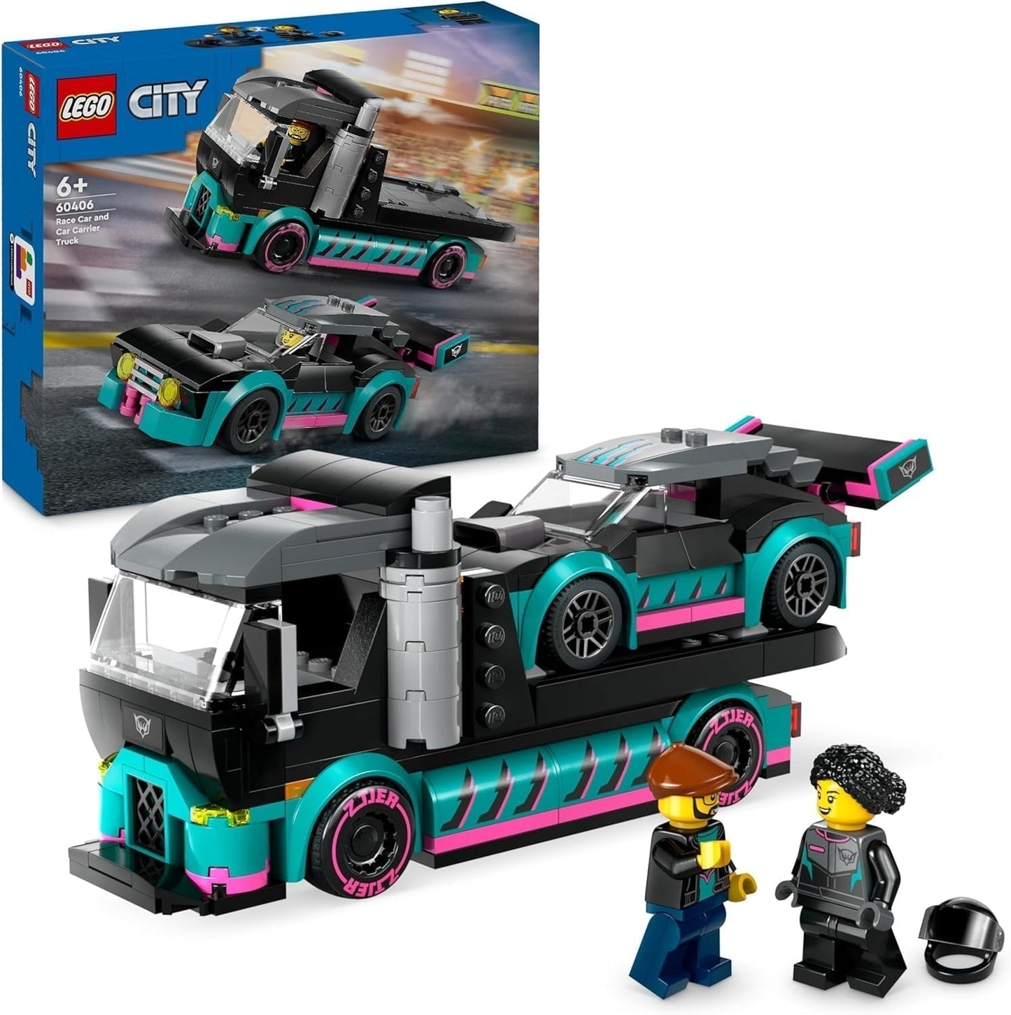 LEGO City Autotransporter mit Rennwagen, Spielzeug-LKW mit verstellbarer Laderampe und Rennwagen, Bauset mit 2 Minifiguren, Rennfahrer und LKW-Fahrer, für Kinder ab 6 Jahren 60406 Bausätze Besuchen Sie den LEGO-Store Single