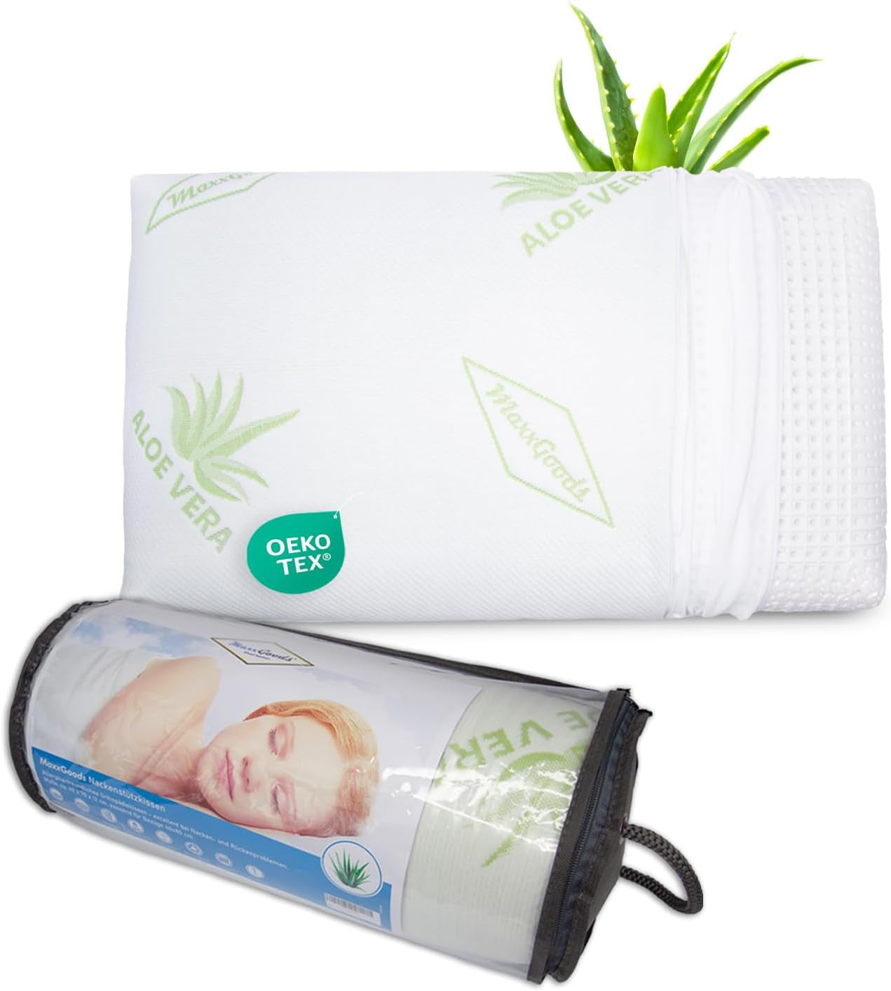Maxxgoods Orthopädisches Nackenstützkissen aus Visco-Gelschaum mit Aloe Vera-Schutzbezug und Innenbezug aus 100 % Baumwolle – Kissen für Bauch-, Rücken- und Seitenschläfer (42 cm x 70 cm x 12 cm). Orthopädische Nackenkissen von Naty Shop, 42 x 70 x 12 cm