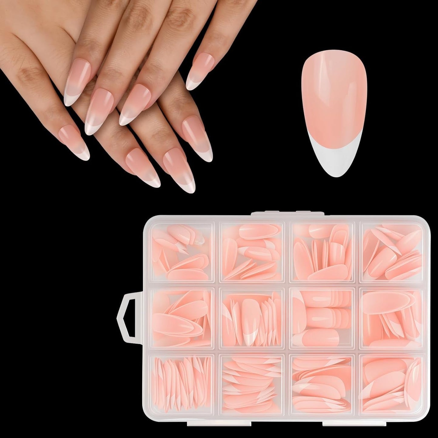 240-teiliges Set mit künstlichen Nagelspitzen, French Press On False Nails, Press On French Nails, 12 Größen, Fake Nails mit Kleber für Damen und Herren (Nude White Medium Almond)