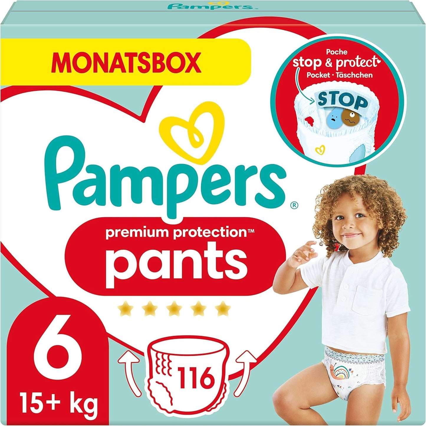 Pampers Premium Protection Pants Größe 7, 123 Windeln, 15 kg+, mit 360°-Anpassung und weichen Anti-Leck-Bündchen für optimalen Komfort und Schutz