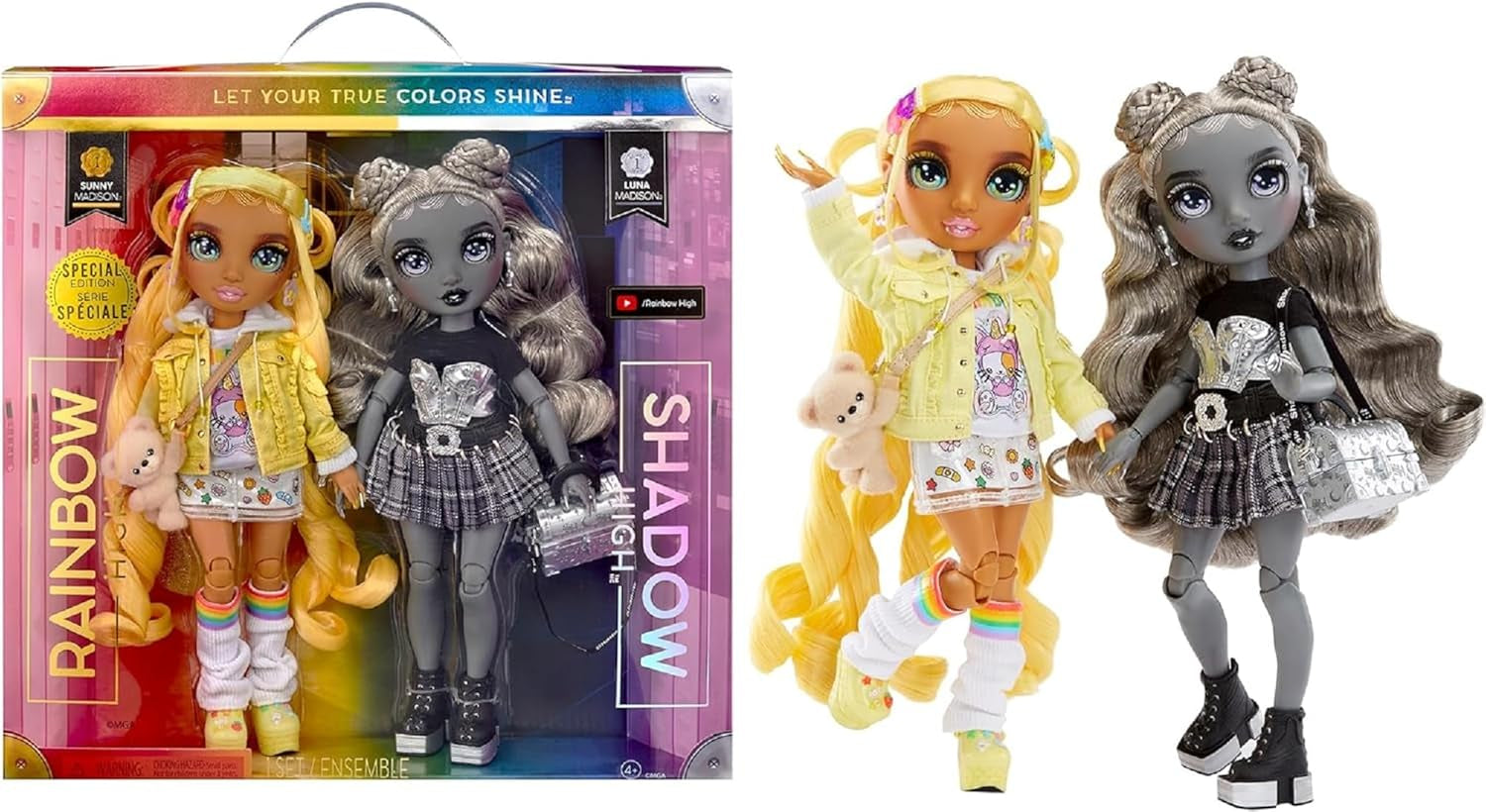 Special Edition Rainbow High Shadow High – Madison Twins Sunny und Luna – 2 Modepuppen in gelben und grauen Designer-Outfits, kombinierbar mit Accessoires – für Sammler und Kinder von 4–12 Jahren
