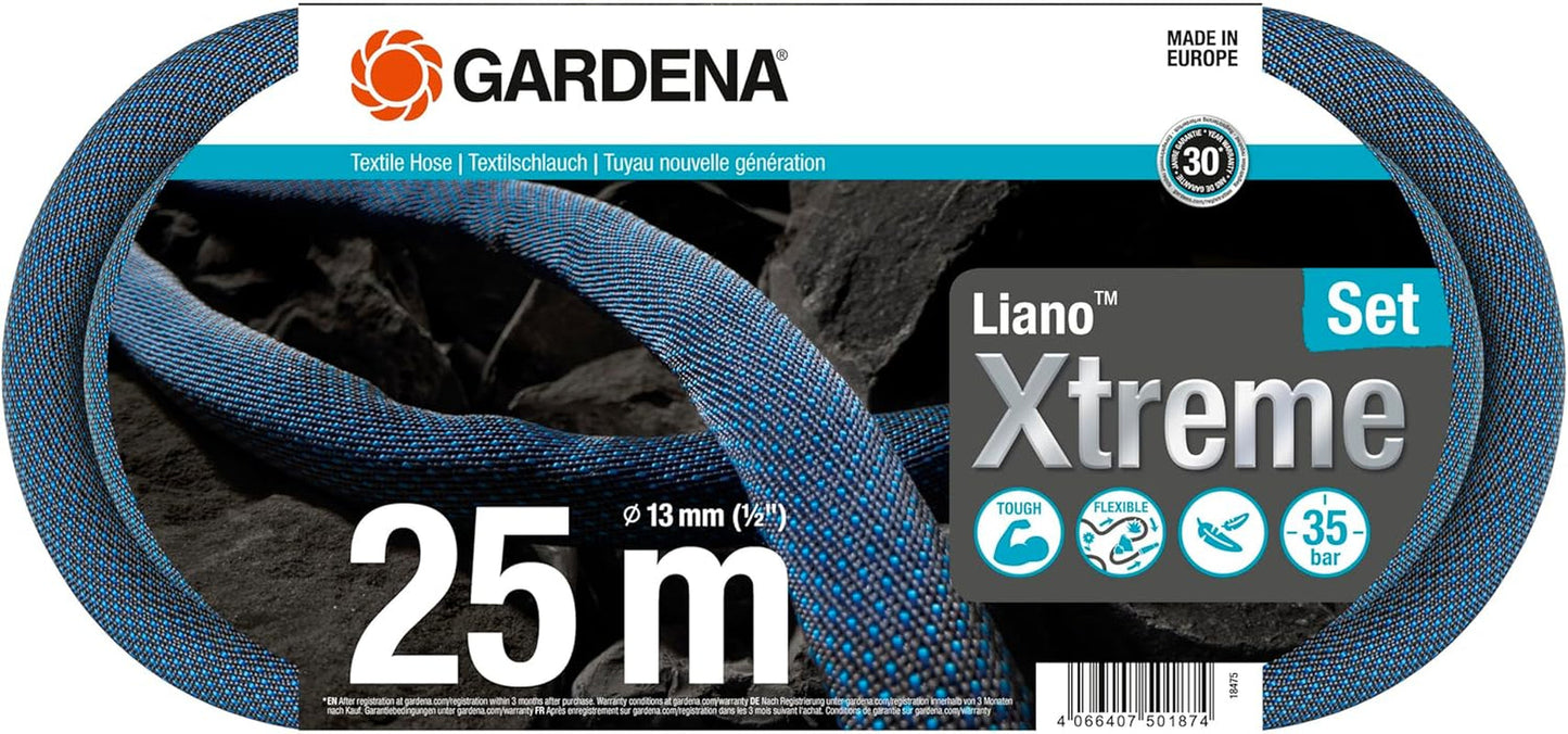 Gardena Liano Xtreme 1/2 Zoll 25m Set: Extrem robuster Textil-Gartenschlauch mit leichtem, wetterfestem PVC-Innenschlauch (18475-20)