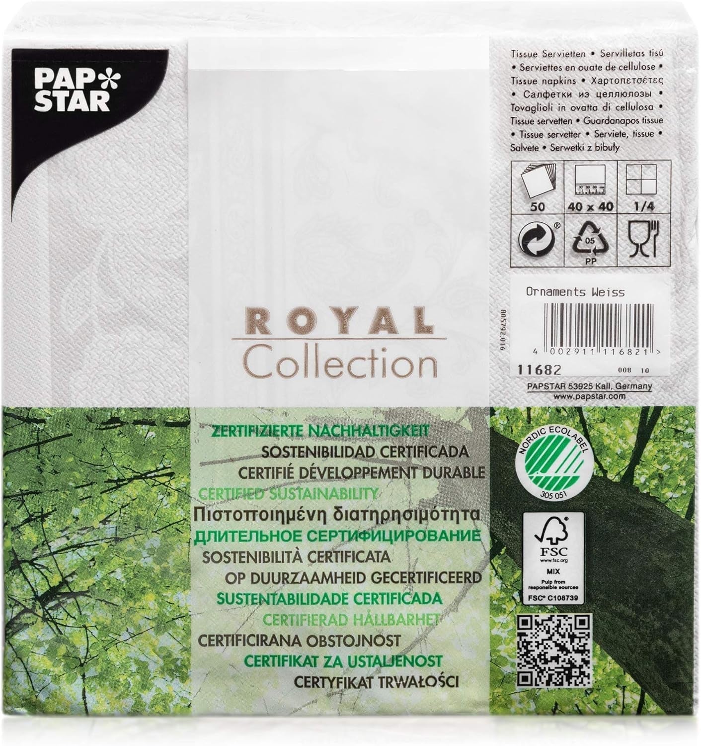 Papstar 11682 50 Servietten „Royal Collection“ 1/4 Falz 40 x 40 cm „Ornaments“, weiß