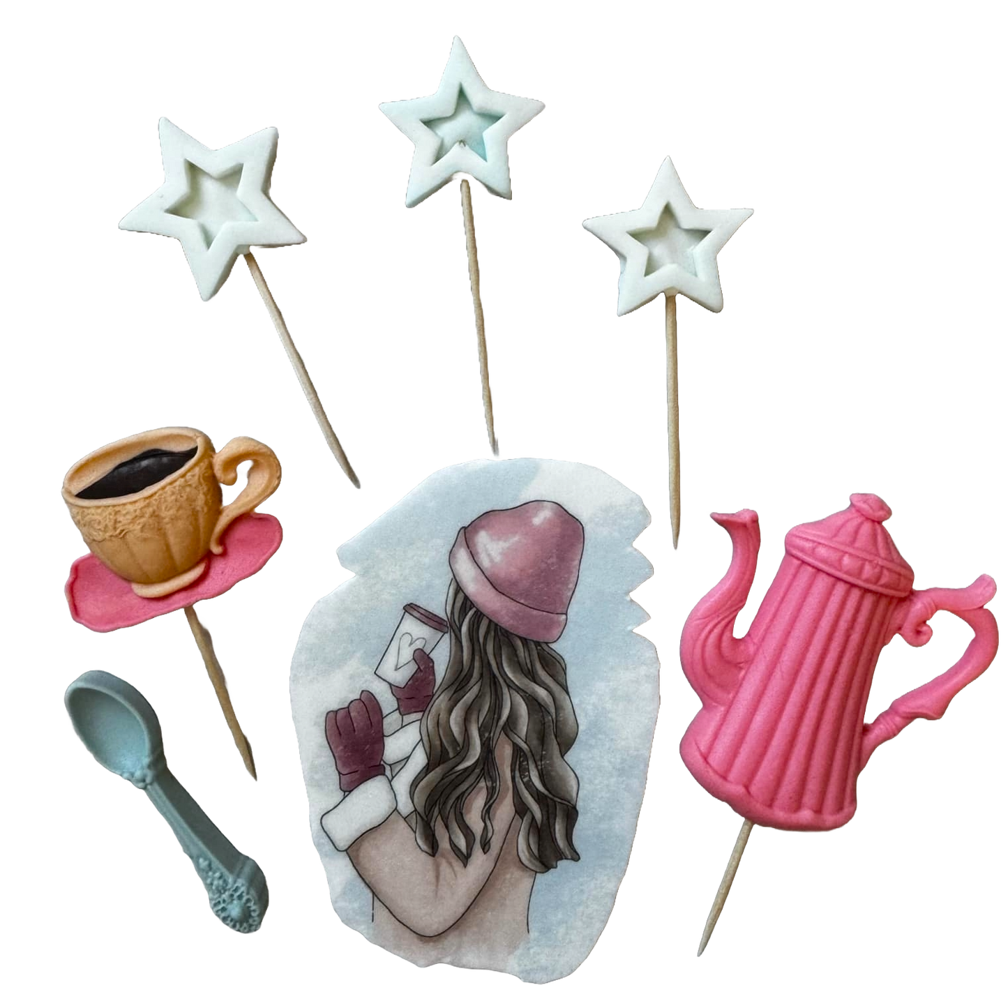 Set mit 7 essbaren Dekorationen aus Zuckerpaste, schöne Dame, rosa Hut. Dekorationen aus Zuckerpaste, Naty Shop