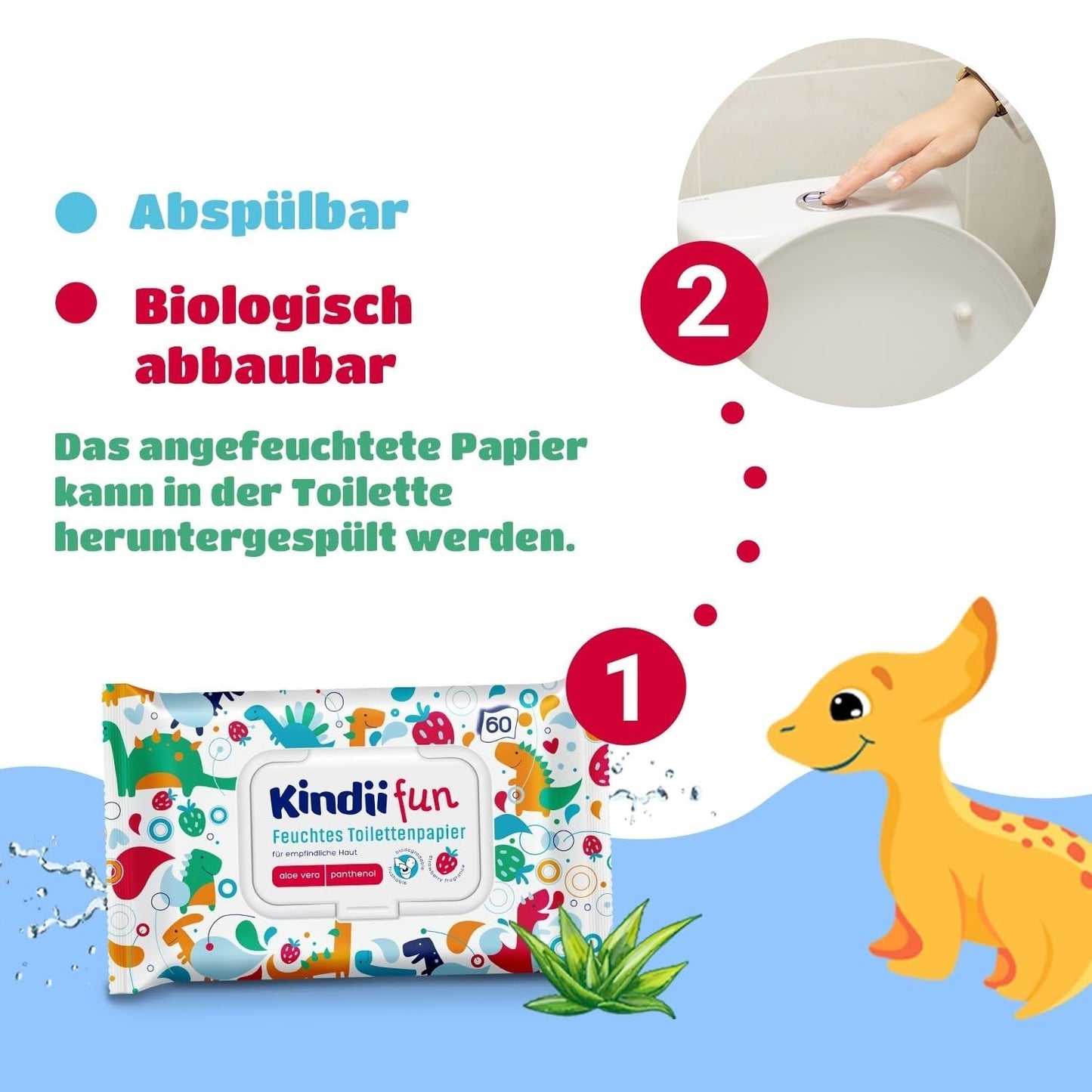Kindii Fun Nasses Toilettenpapier – (10 x 60 Stück) Nasses Toilettenpapier – Kamille, Aloe Vera, pH-neutral, wasserbar, erfrischt den Intimbereich – 600 Stück