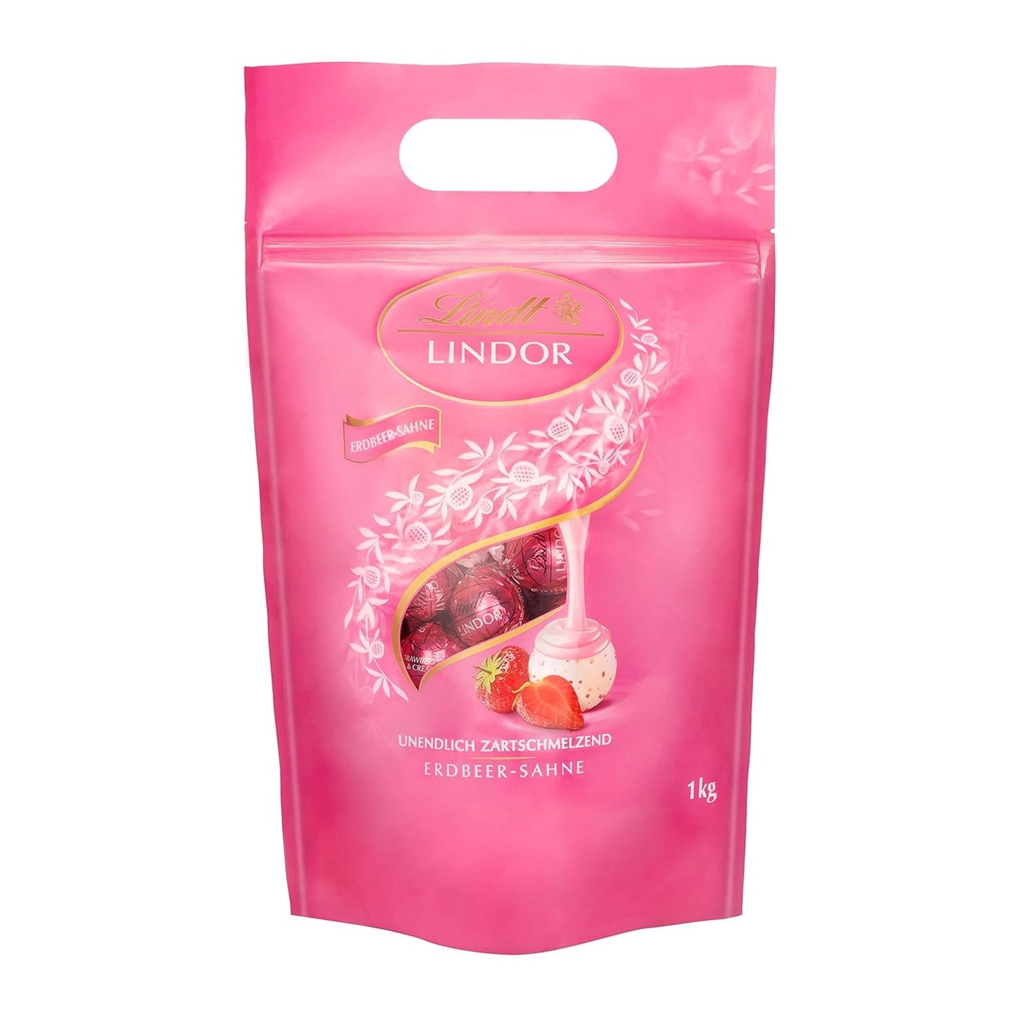 Lindt LINDOR Extra Dark Chocolate Balls und LINDOR Strawberry Creme Chocolate Balls | 1 kg wiederverschließbarer Beutel | ca. 80 weiße Schokoladenkugeln mit Erdbeercreme